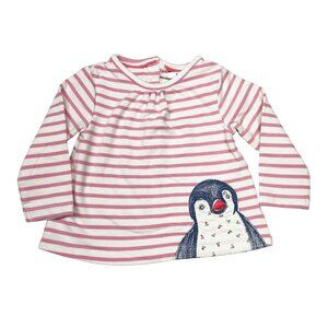 Baby Boden 3-6 mos Penguin Superstitch Embroidered Top Pink White Striped Cotton